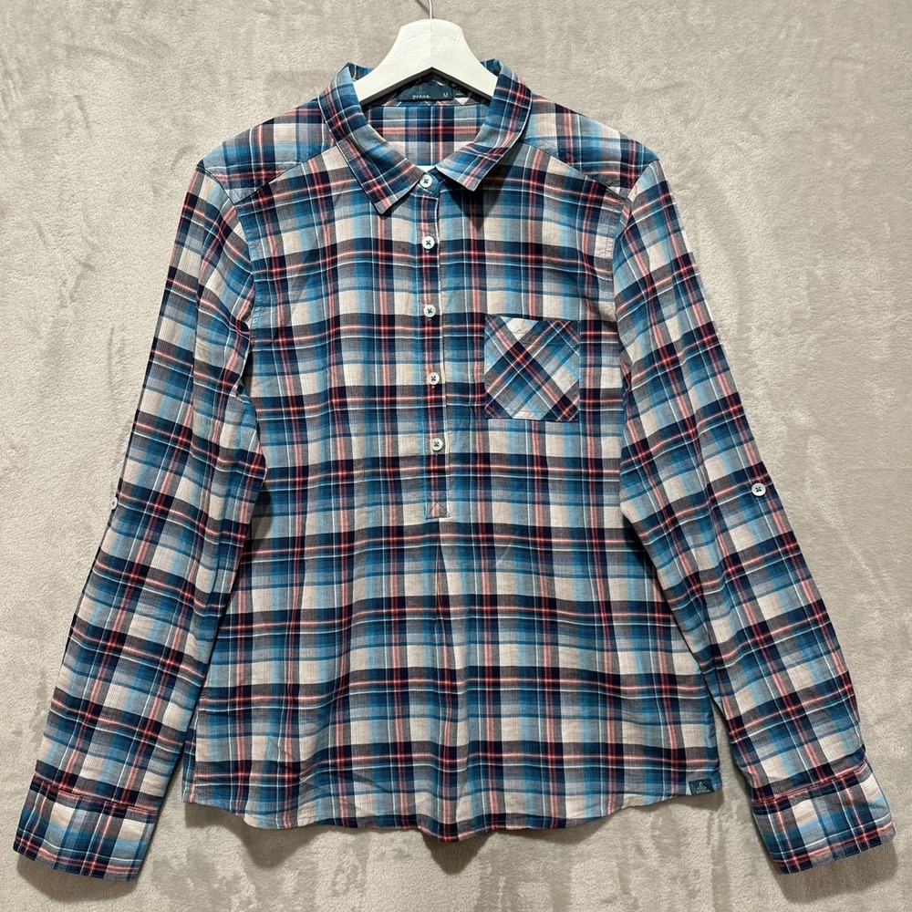 Prana Women's Plaid Roll Tab Long Sleeves Shirt Size M Organic Cotton